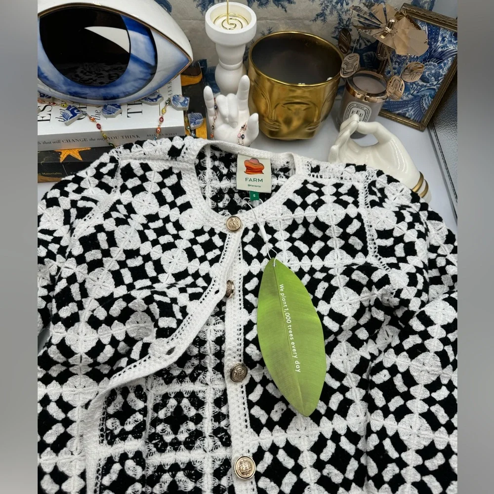 🆕 FARM Rio 🧿 NWT Patch Crochet Black & White Monochrome Button Up Jacket, Sz S - Picture 13 of 16